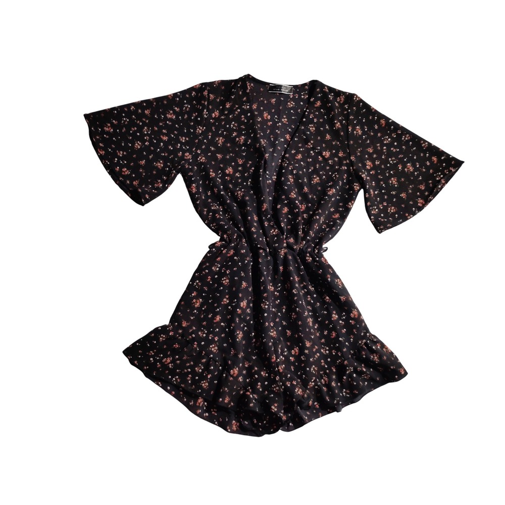 Blue Blush Black‎ Floral V Neck Ruffle Hem Short Sleeve Romper Size Small